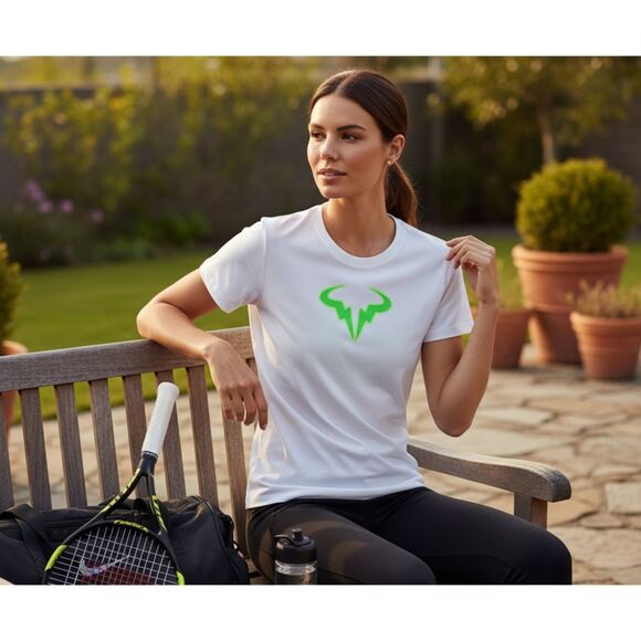 Nike Rafa Nadal Bull Logo Dri-FIT T-Shirt White Neon Green | Women’s Large - Picture 1 of 7
